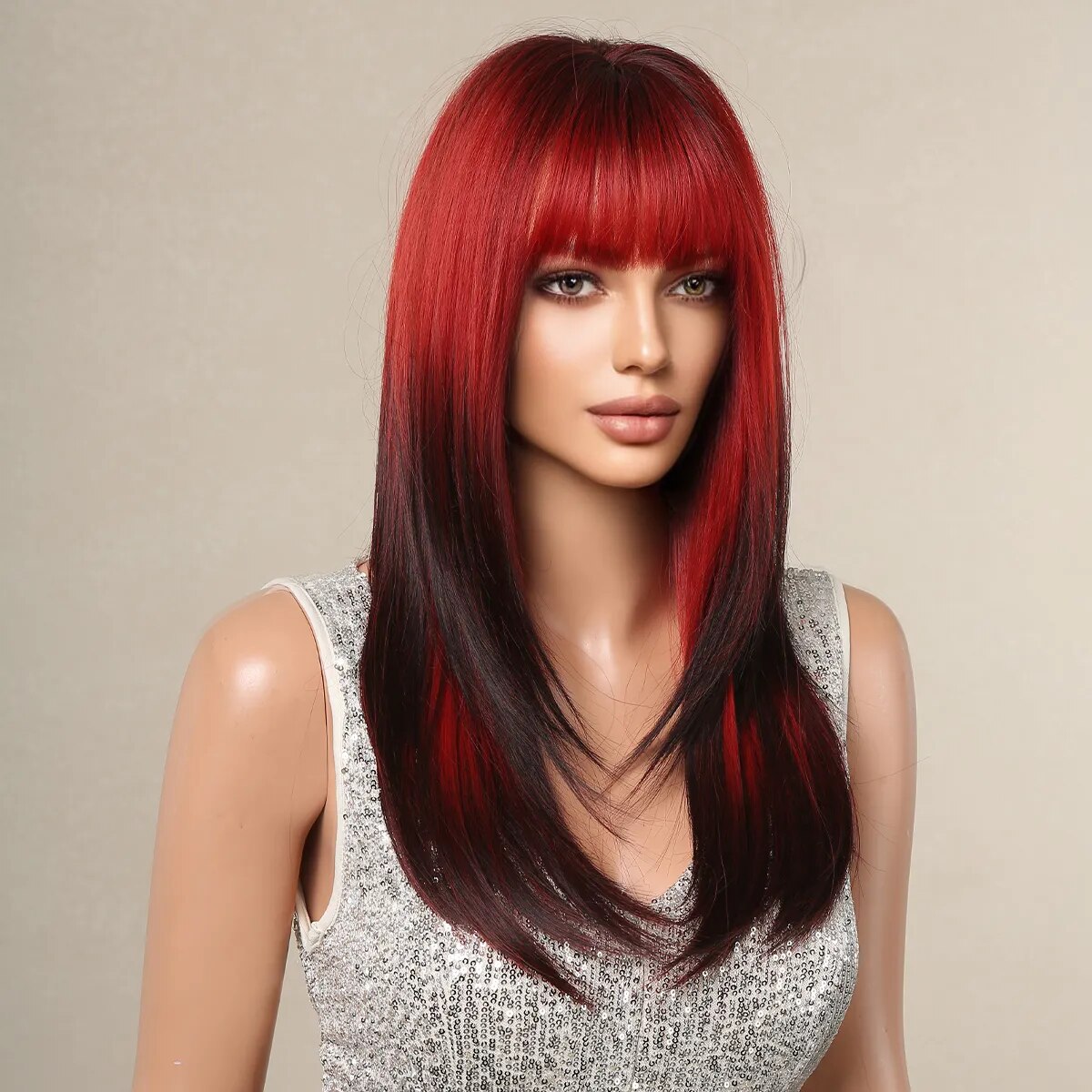 HENRY MARGU Long Straight Layered Wigs With Bangs Ombre Red to Black Wig Heat Resistant Fiber Natural Synthetic Wig for Women