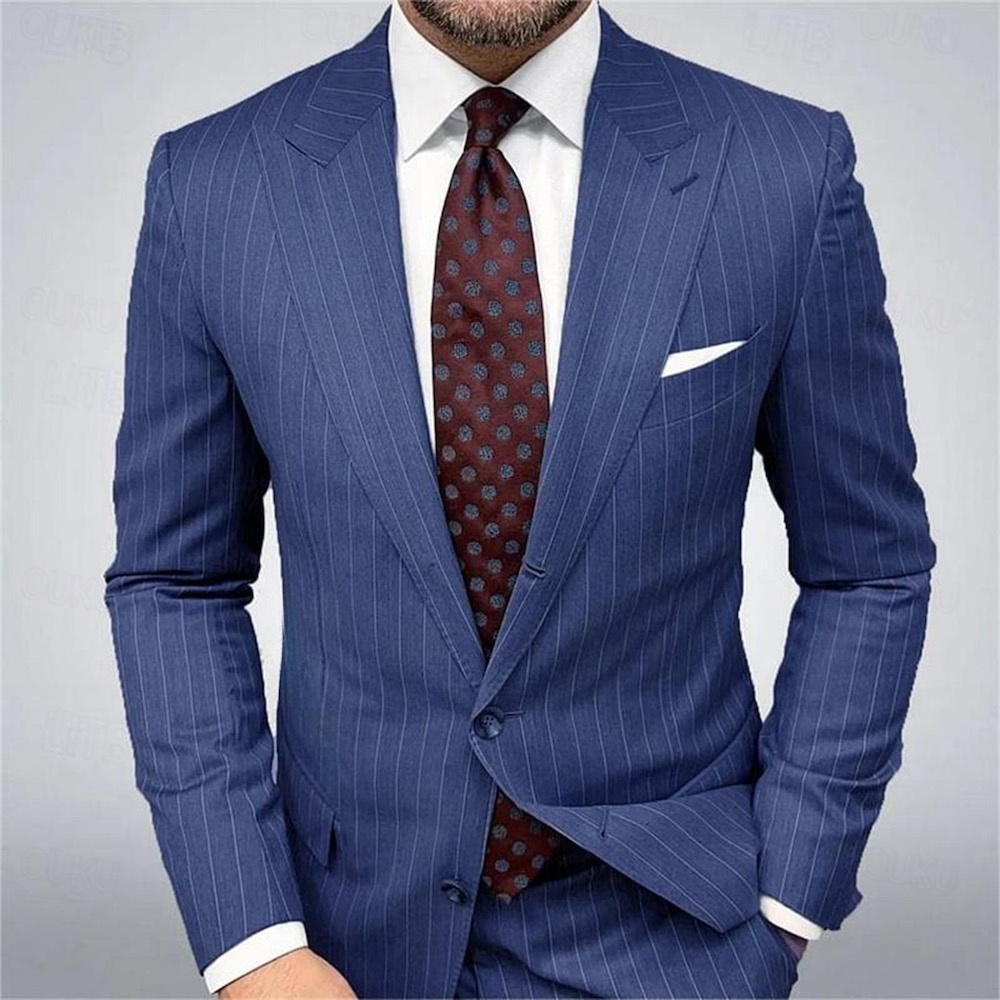 Men's Blazer Business Cocktail Party Wedding Party Fashion Casual Spring &  Fall Polyester Stripes Button Pocket Comfortable Single Breasted Blazer Blue Brown Gray 2024 - US $85.99 –P2