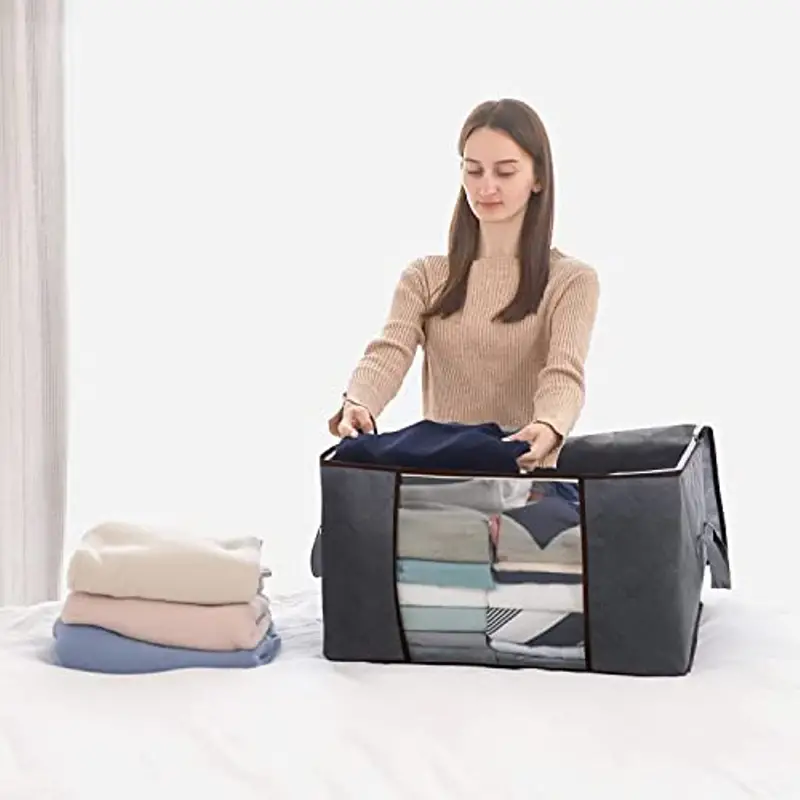 90l large storage bags 3 pack closet organizers and storage clothes foldable storage bins with reinforced handles storage containers for clothing blanket comforters toys bedding grey details 5