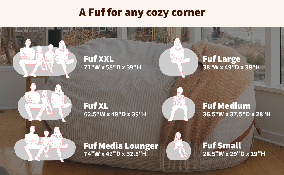 Variety of sizes of Fufs with silhouettes of products, kids & adults sitting on bean bags