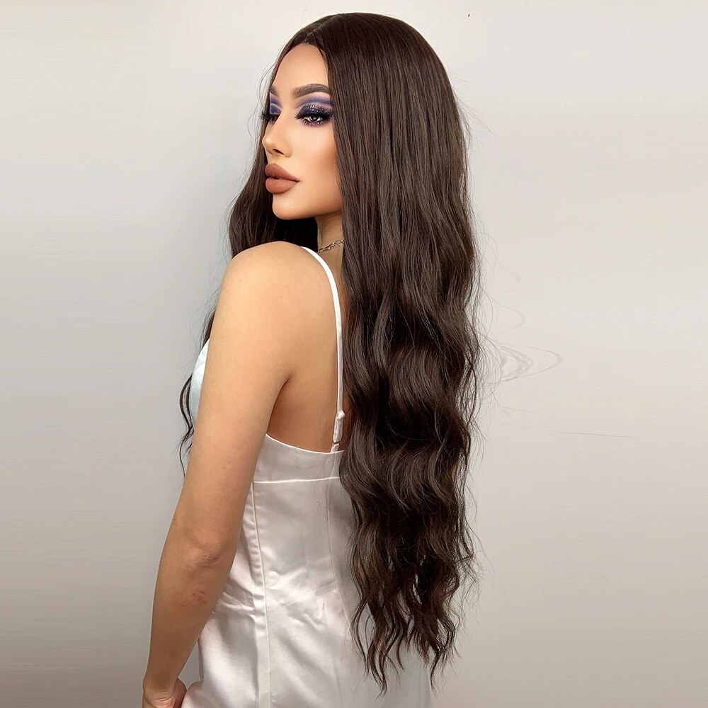 HENRY MARGU Long Brown Wavy Synthetic Wigs Middle Part Natural  Curly Wig for Black Women Cosplay Daily Heat Resistant Fake Hair