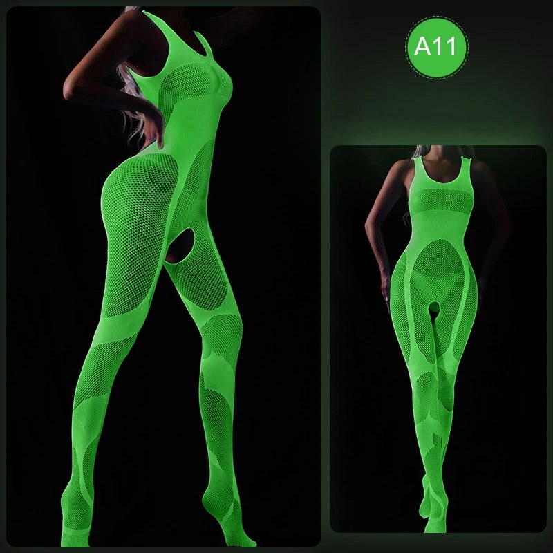 Sexy Women Luminous Bodysuit See Through Hollow Out Net Clothing Exotic Lingerie Mesh Costumes Mesh Dress Underwear Bodysuit New