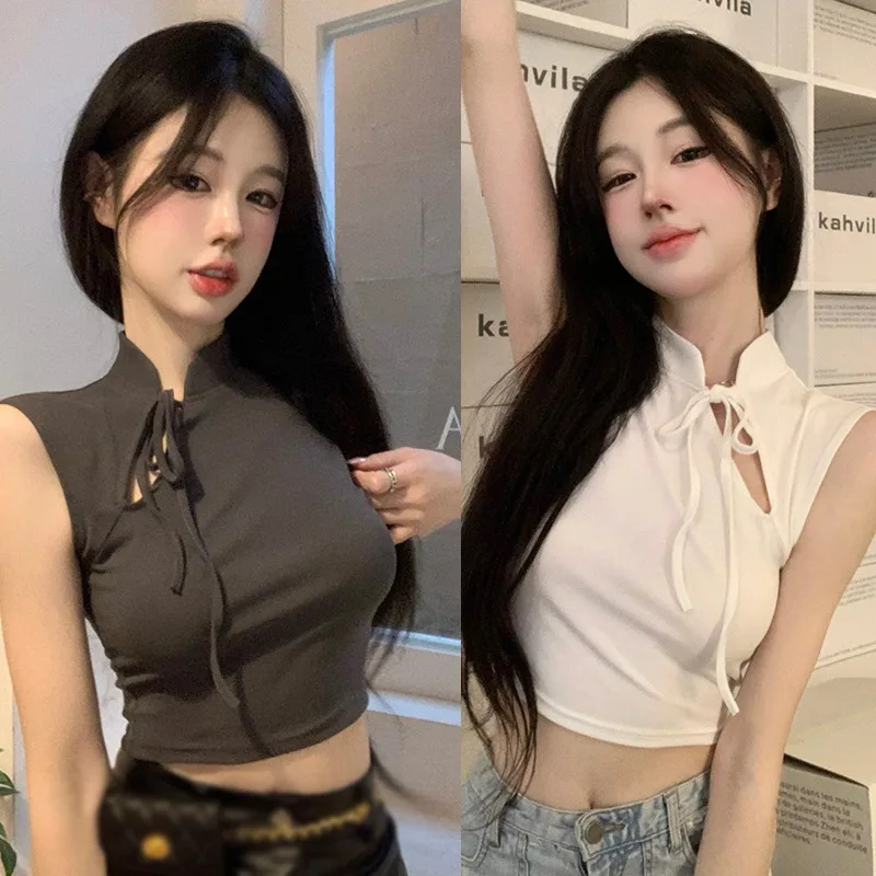 Girls' Korean Version Diagonal Neckline T-shirt Short Sleeved Hollow Out Lace Up Slim Fitting Sexy Navel Revealing Vest Top