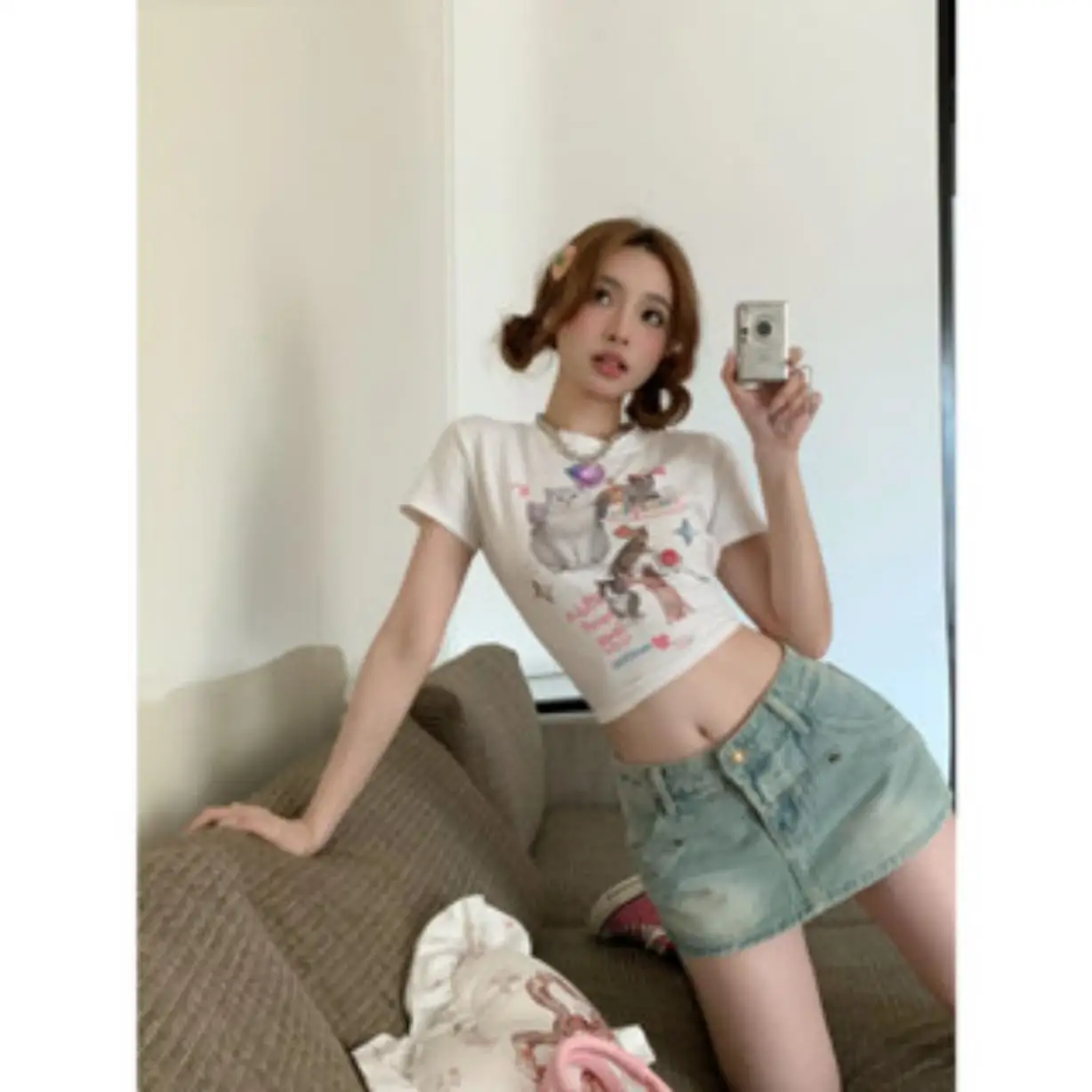 Printcess Women's Y2K Sexy Slim Short SleeveRound Neck Crop Top Cat's Sweet Spicy Girl's Small Crowd  Print CropTee Cool Street