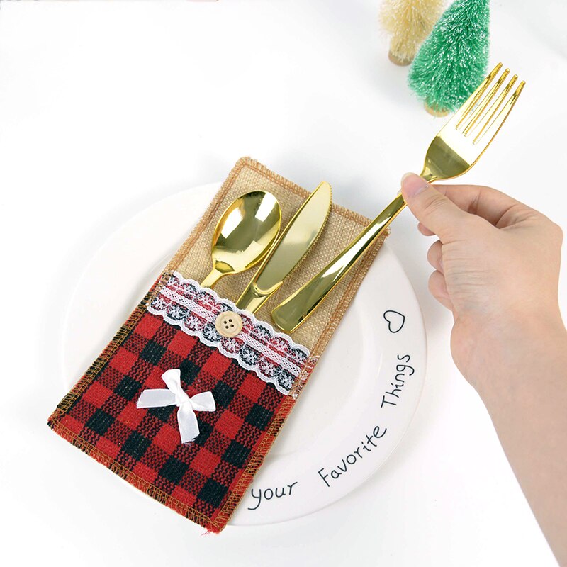 1/2pcs Christmas Fork Knife Cutlery Holder Bag Plaid Linen Pocket Christmas Decor Tableware Cutlery Holder Set Xma Table Decor