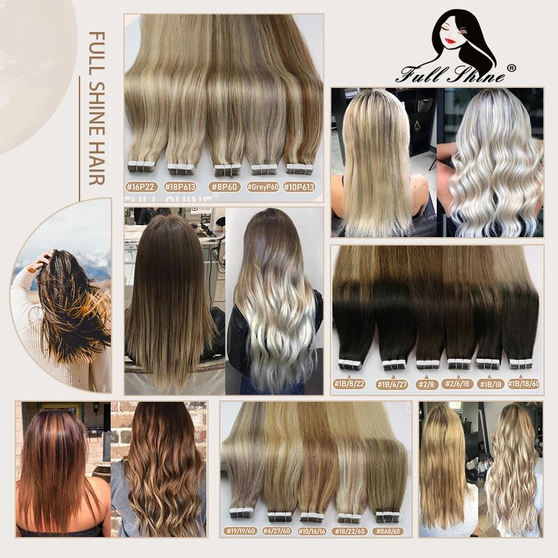 Full Shine Tape In Human Hair Extensions Black Women 100% Real Remy Human Hair Skin Weft Adhesive Glue On For Salon High Quality