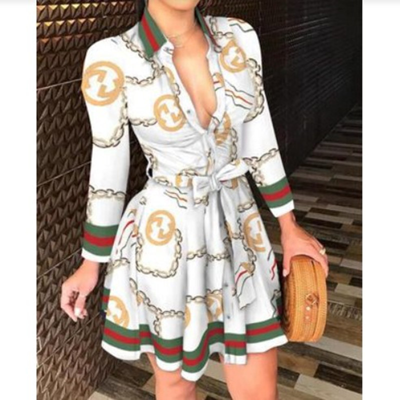Y2K V-neck sexy dress 2022 European and American summer new chain long-sleeved V-neck lace fashion sexy print dress ins tide