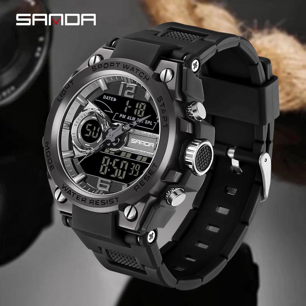 SANDA New Sport Military Men's Watches 50M Waterproof Quartz Wristwatch LED Digital Watch for Male Clock Relogios Masculino 6092