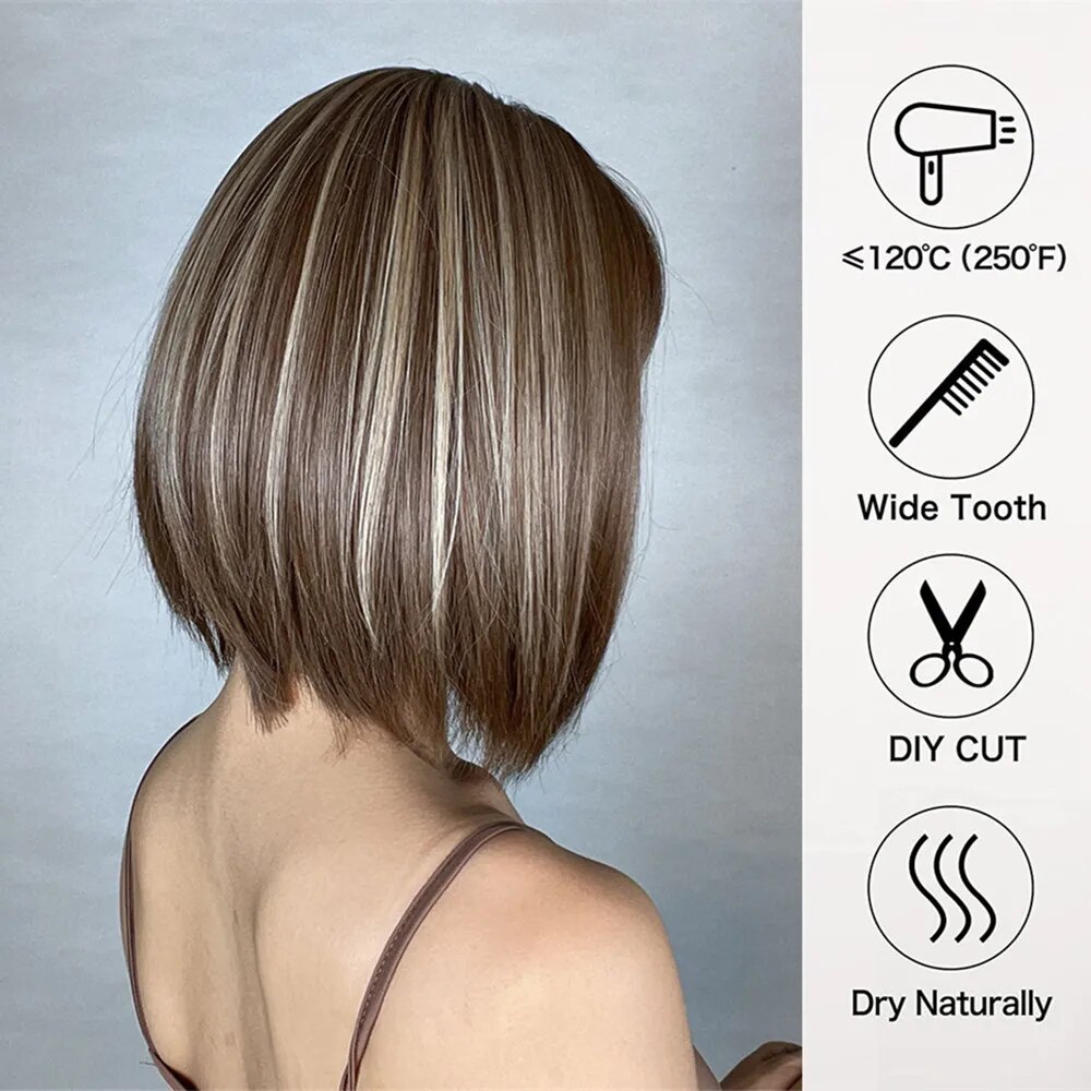 HENRY MARGU Brown Highlight Bob Wig Mixed Color Synthetic Hair for Women Natural Short Straight Wigs with Bangs High Temperature