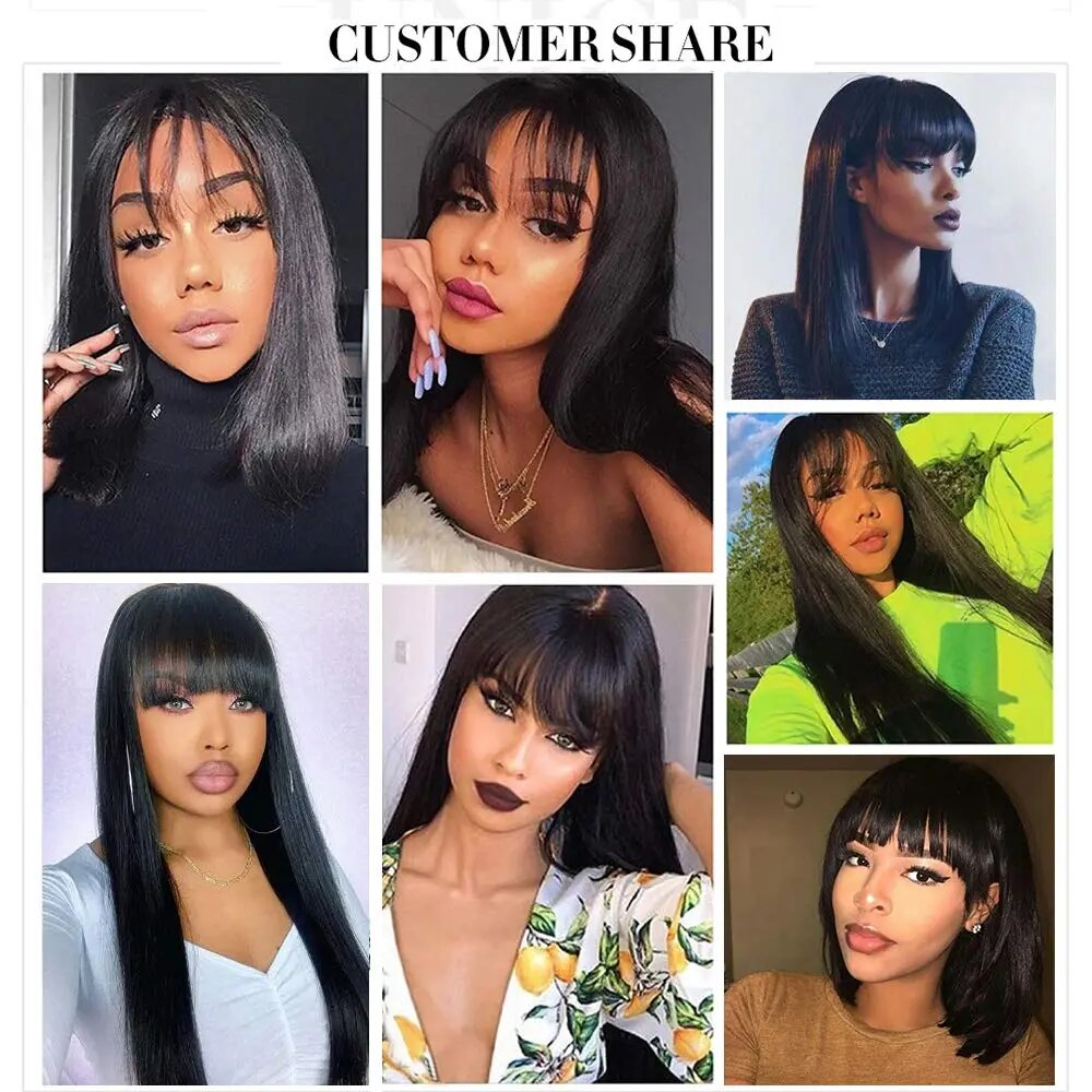 Full Machine Made Straight 100% Real Human Hair Wigs with Bangs for Black Women 200 Density Brazilian Hair Bangs Wig 40 Inches