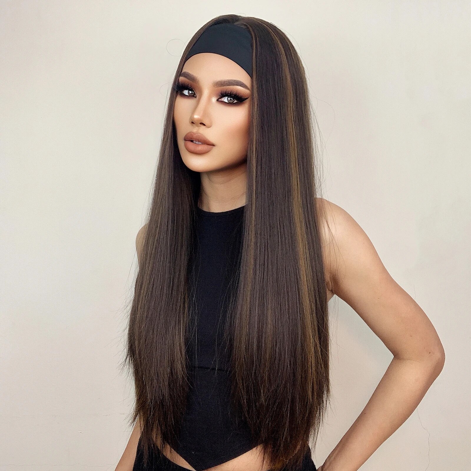 HENRY MARGU Long Straight Headband Wig Synthetic Hair Brown Gloden Highlight Glueless Wigs for Black Women Machine Made Cosplay