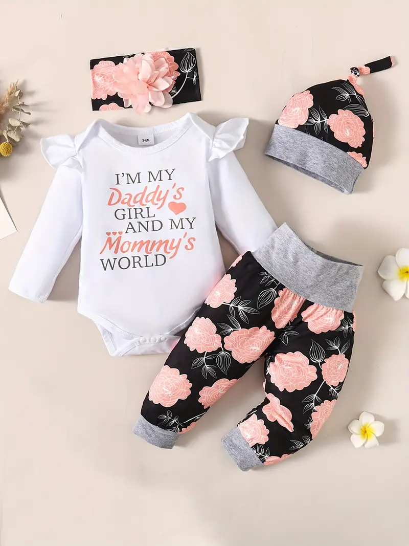 infant baby comfy cute outfit letter graphic romper floral print pants headband set details 32