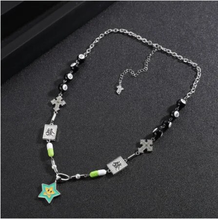 rhinestone -studded fortune cross lucky star necklace couple men and women tide street hip-hop punk neck chain