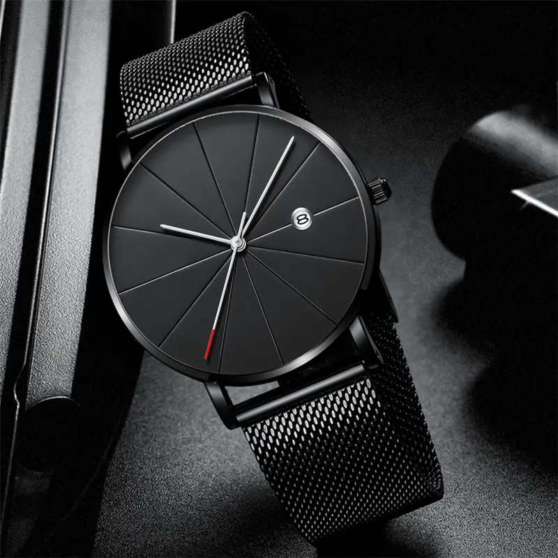 1pc luxury fashion mens business watch ultra thin stainless steel mesh quartz watch reloj hombre details 0