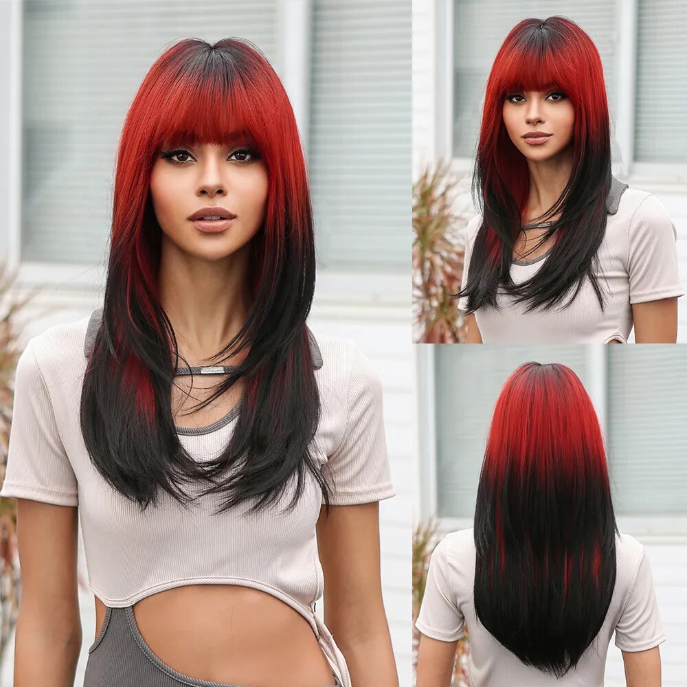 Ombre Red to Black Synthetic Hair Wigs with Bangs Long Layered Straight Wig Colored Party Costume Heat Resistant Hair for Women