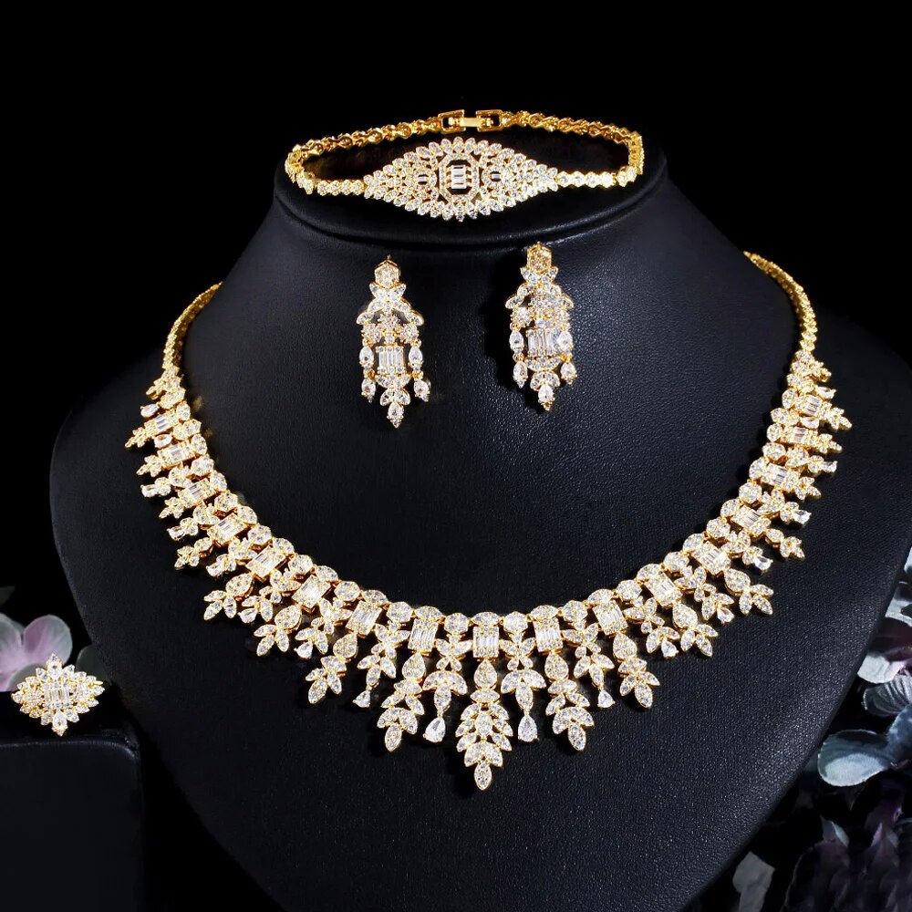 ThreeGraces 4PCS Sparkling Cubic Zirconia Gold Color Luxury Dubai Nigerian Bridal Wedding Party Jewelry Set for Women TZ869
