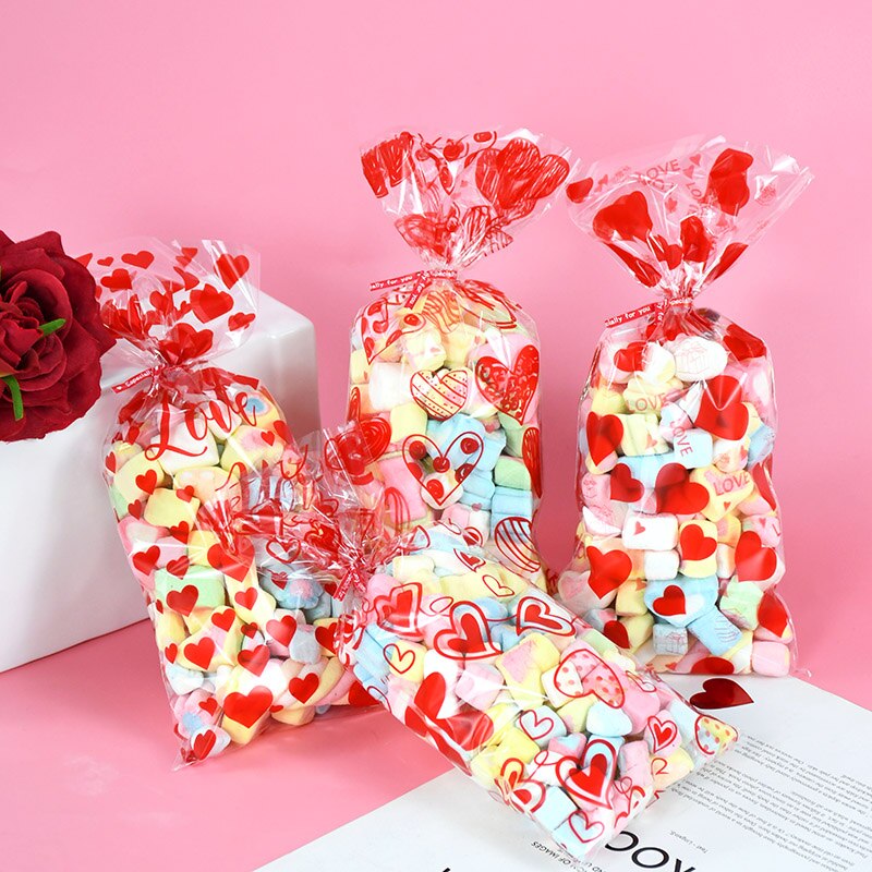 60pcs Valentine's Day Mix Love Red Heart Pattern Candy Bag Love Pattern Baking Packaging Gift Wedding Decor Diy Plastic Pouch