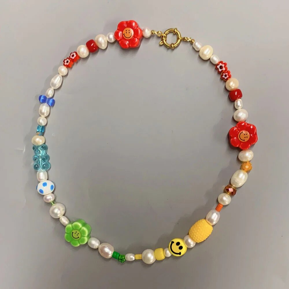 Y2K Fashion Rainbow Gradient Smiley Face Bear Flower Necklace Natural large Pearl Beaded Necklaces For Women And Men  Choker, Gi