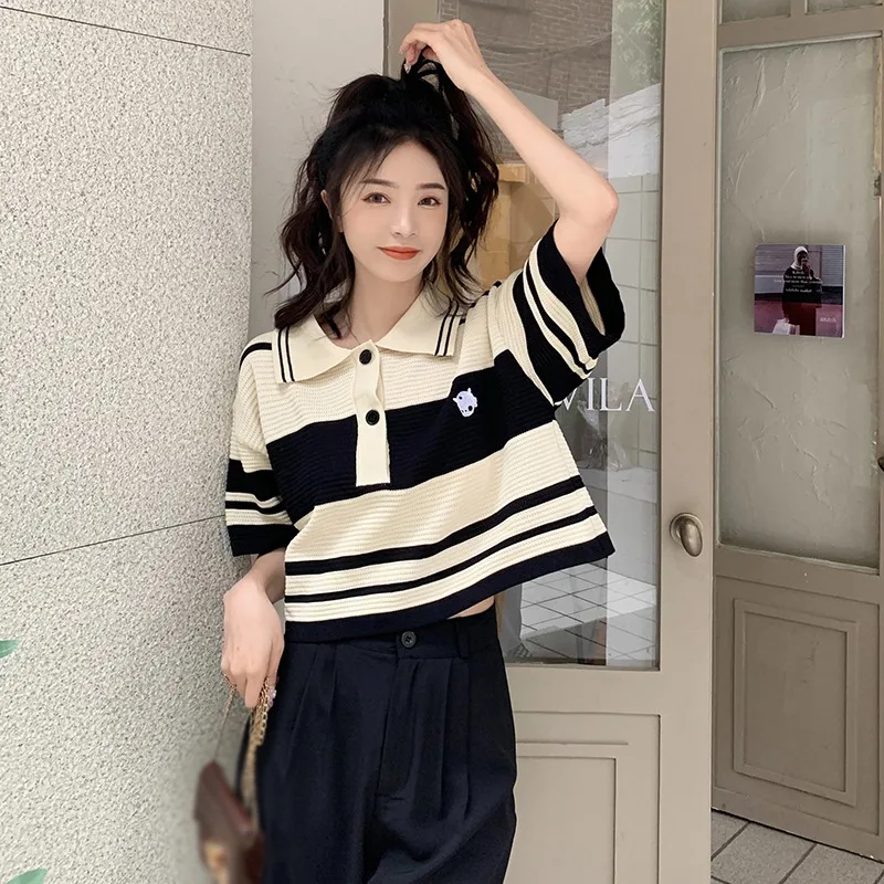 High Waist Ladies Striped Tops Embroidery Short Ice Silk Tees Short Sleeves Fashion Temperament Turn Down Collar T-Shirts
