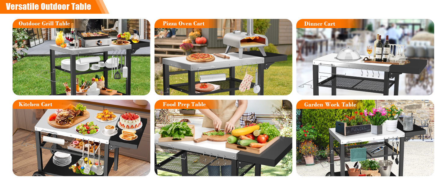 Grill Cart,Outdoor Grill Table,Pizza Oven Stand Table,Three-Shelf Food Prep and Work Cart Table