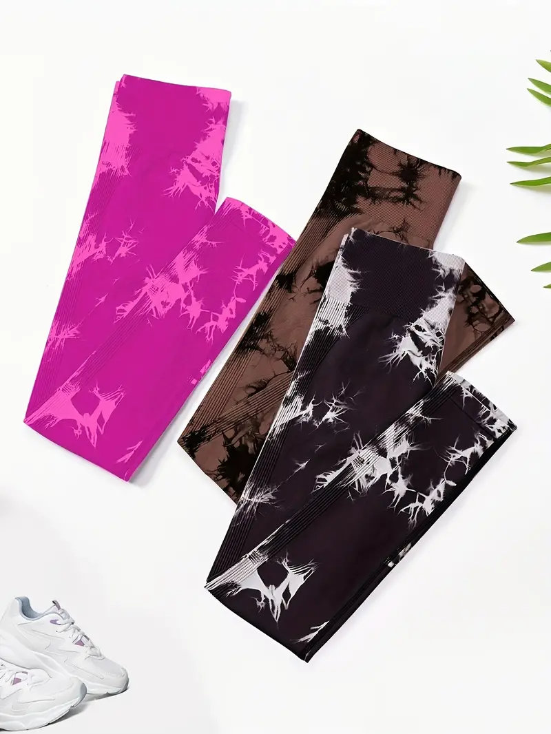 3pcs tie dye high waist sports leggings running workout fitness yoga tight pants womens activewear wide waistband details 19