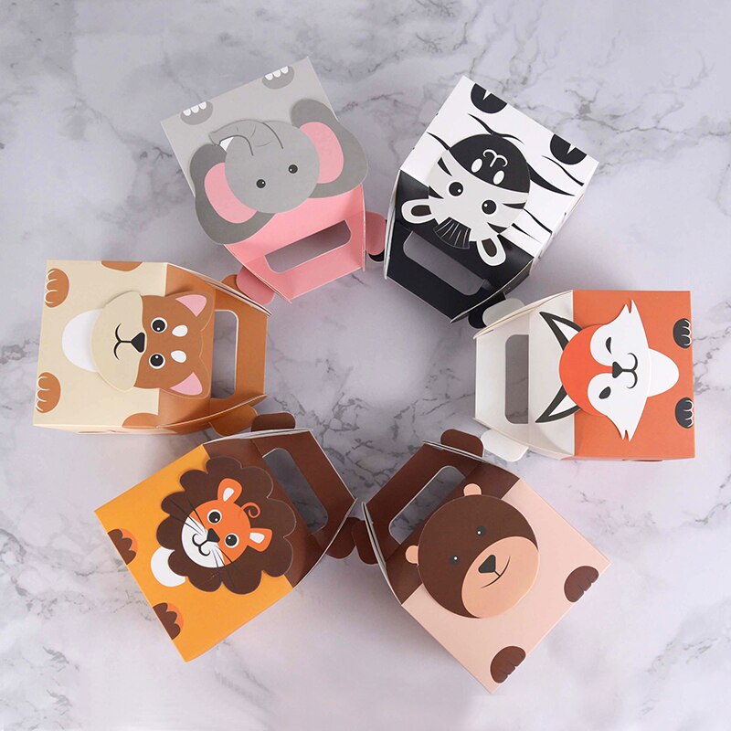 5Pcs Cute Animals Candy Box Lion Elephant Portable Biscuit Box Wild Jungle Birthday Party Decor Gift Box Baby Shower Supplies