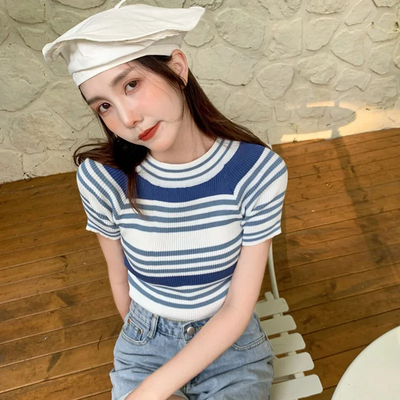 Women's Short Sleeve Basic Slim Fit Tops Crewneck Ribbed Knit T Shirt Cute Summer Outfits