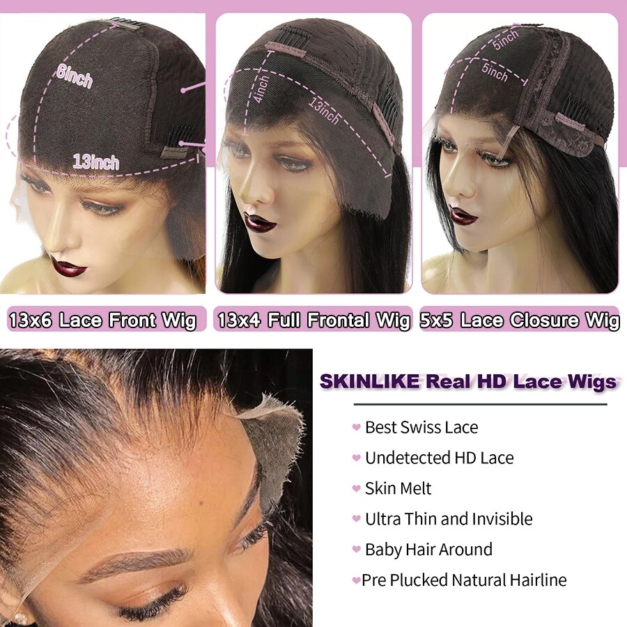 SKINLIKE Real HD Lace Front Wigs Kinky Straight 250% 13x4 Full Frontal Wigs Human Hair Wigs Peruvian Yaki Straight Melt Skins