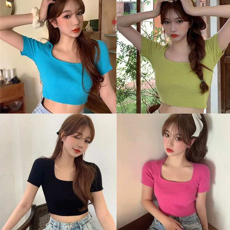 Women's Patchwork Short Sleeve Crop Tops Knitted Casual T-Shirt Woman Sweet Patchwork Short Tops