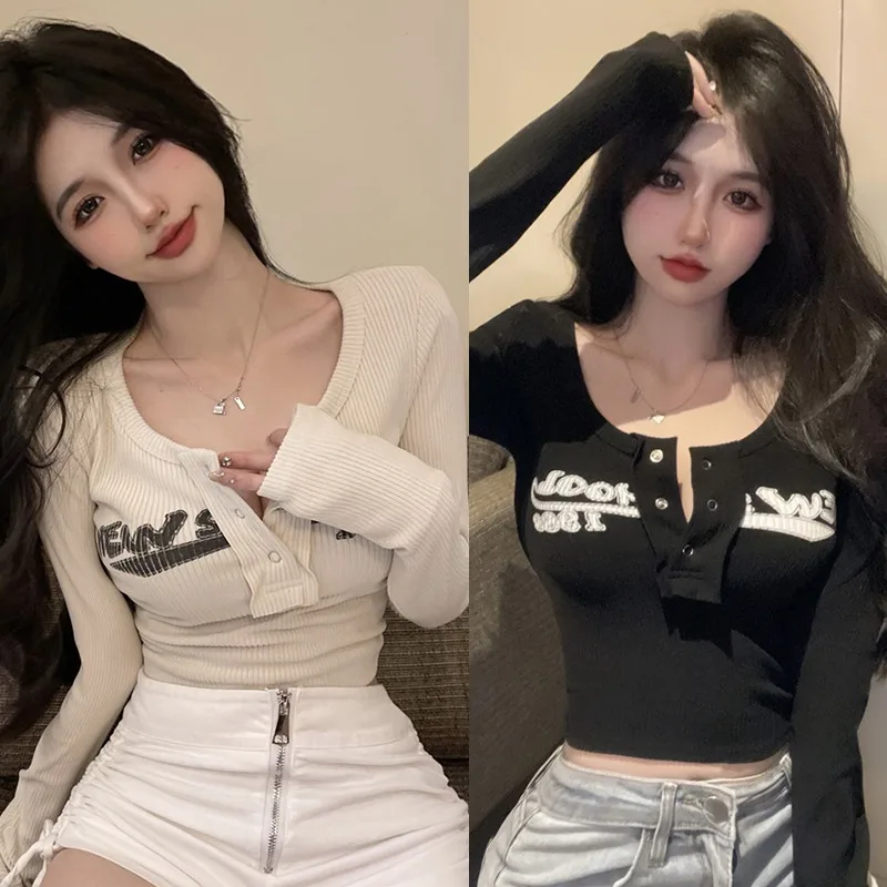 Women's Long Sleeve Slim Fit Cropped Printed Threaded Letters Crew Neck Y2K Spring Autumn Crop Tops