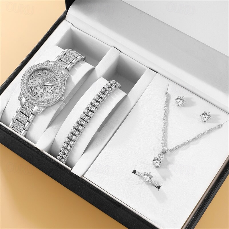 6PCS Set Luxury Watch Women Ring Necklace Earrings Rhinestone Fashion Wristwatch Female Casual Ladies Watches Bracelet Set 2024 - US $16.99 –P3