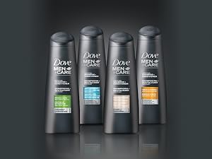 Various types of Dove Men+Care Shampoo + Conditioner bottles against black shiny background.