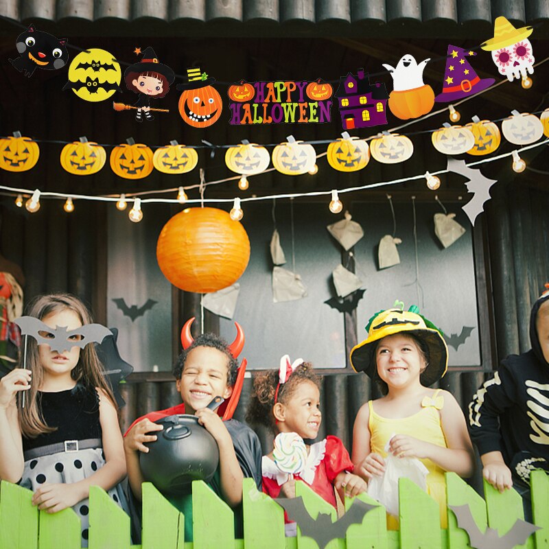 1Pcs Halloween Party Banner Pull Flags Ghost Pumpkin Bat Spider Pull Flag Haunted House Bunting Decoration