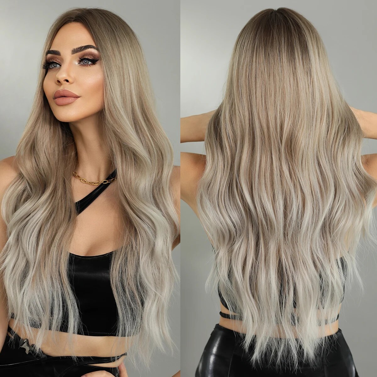 7JHH WIGS Highlight Wig Body Wave Ombre Platinum Blonde Wig with Bangs Synthetic Wigs for Women Cosplay Wig Heat Resistant Hair