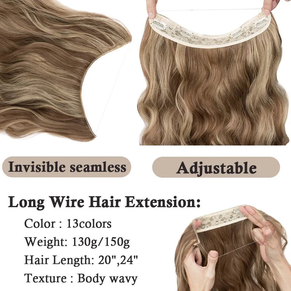 BENEHAIR Synthetic Invisible Wire Hair Extensions Adjustable Long Clip in Wave Curly Secret Hairpiece for Women Fish Line Hair