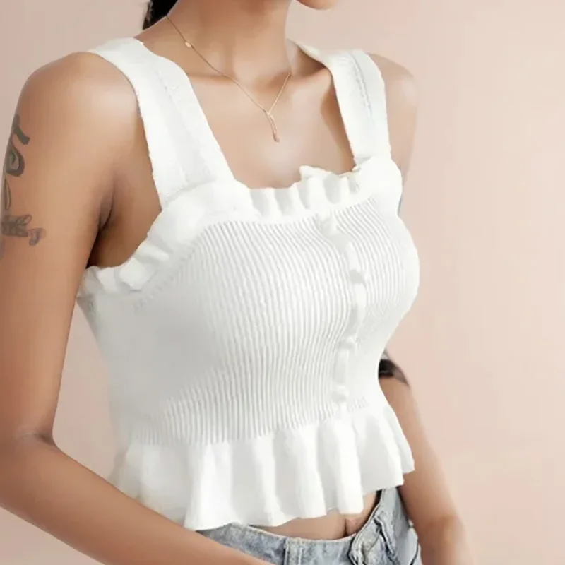 Y2K Sexy Off White Ruffles Sleeveless Tops Buttons Cute Women Cropped T-shirt New Streetwear Stripe 2024 Summer