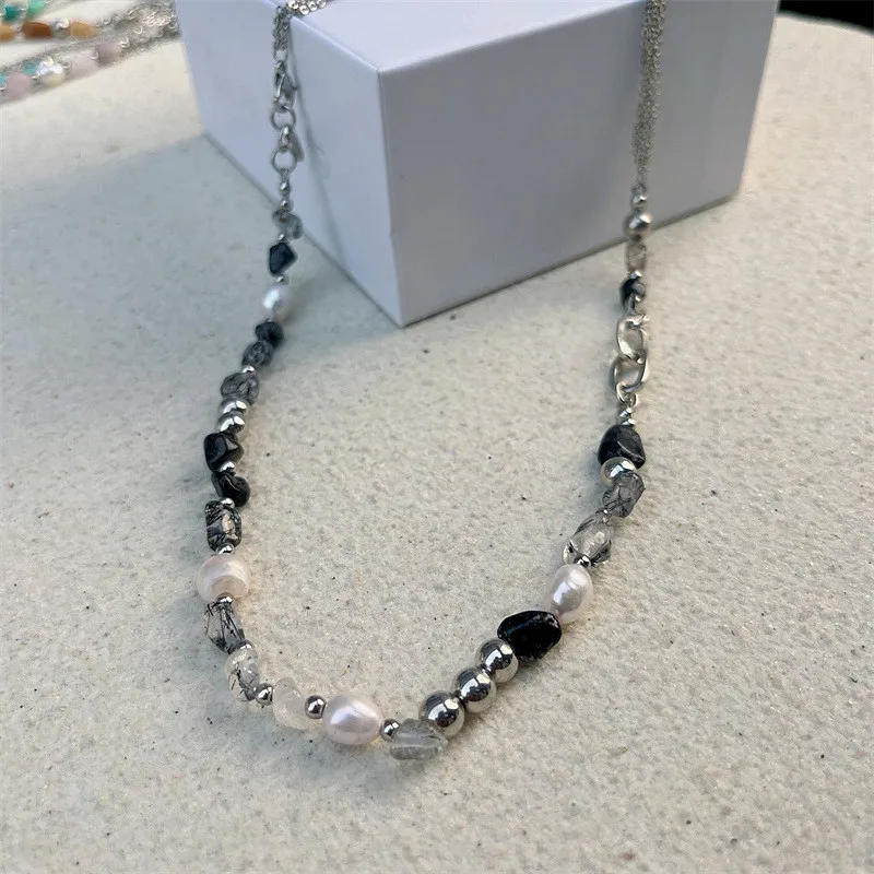 kshmir Natural stone blue crystal necklace baroque natural freshwater pearl niche design feeling fresh clavicle chain women