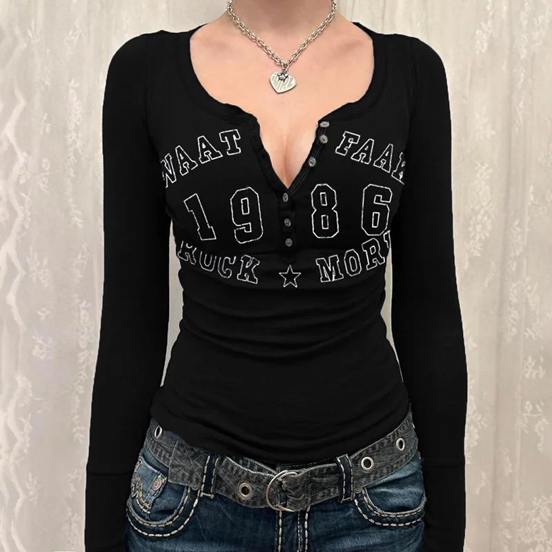 Letter Print  Sexy Tees Women Autumn Streetwear Long Sleeves O-Neck Slim Crop Top Fashion Button Casual Bodycon T-shirt Female
