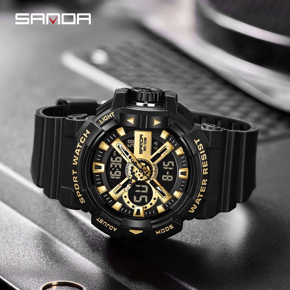 SANDA New Men's Watches Dual Display Sports Military 50M Waterproof Digital Watch Quartz Wristwatch Clock Relogio Masculino 3128