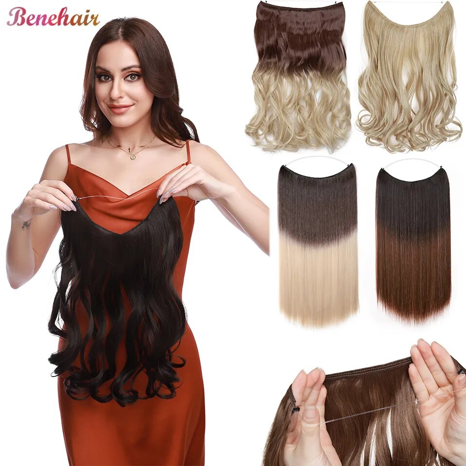 BENEHAIR Synthetic Invisible Wire No Clips In Hair Extensions Secret Fish Line Hairpieces  Hair Extensions For Women Daily