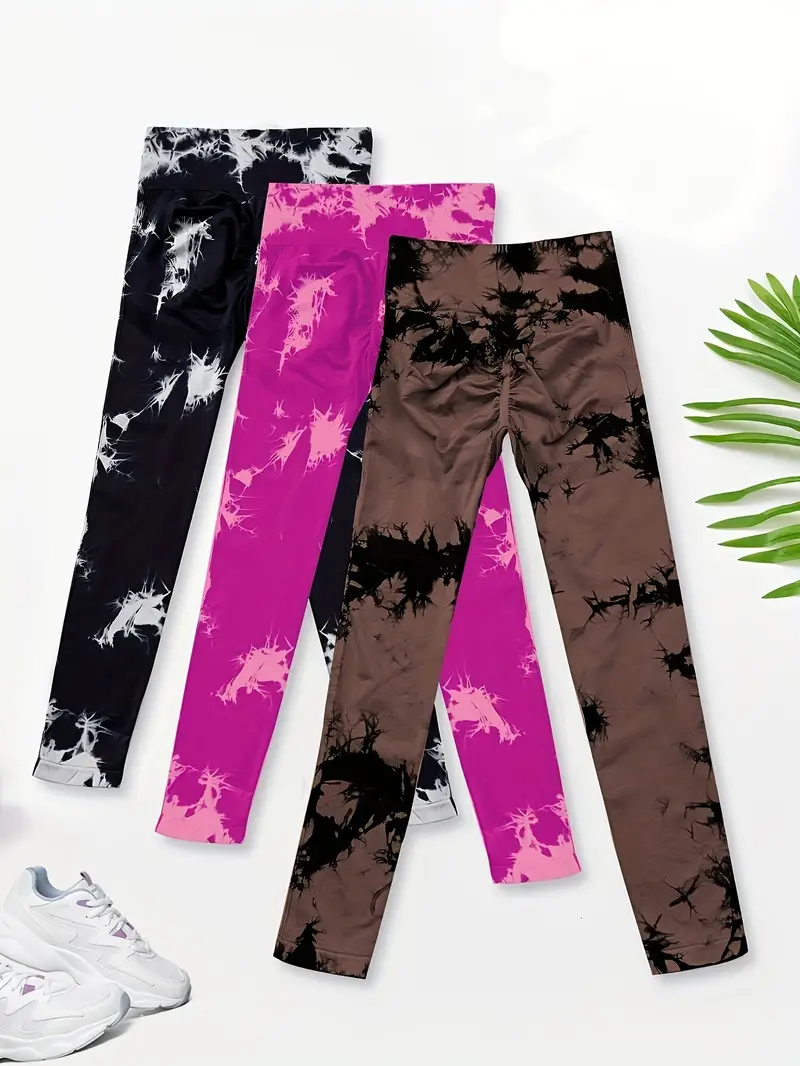 3pcs tie dye high waist sports leggings running workout fitness yoga tight pants womens activewear wide waistband details 18