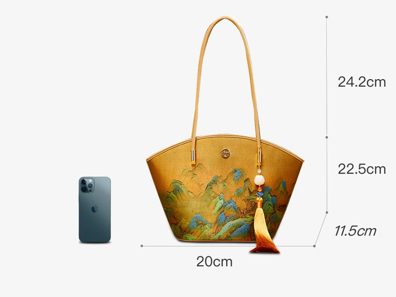 Chinese Painting Mulberry Silk Tote Bag Green Women Handbag