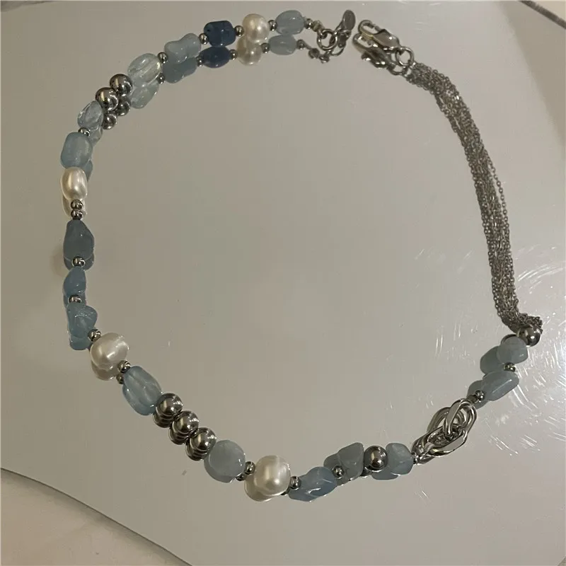 Aesthetic Blue Natural Stone Mix Freshwater Pearl Necklaces Summer Irregular Choker On The Neck Beads Exquisite Trend Jewelry