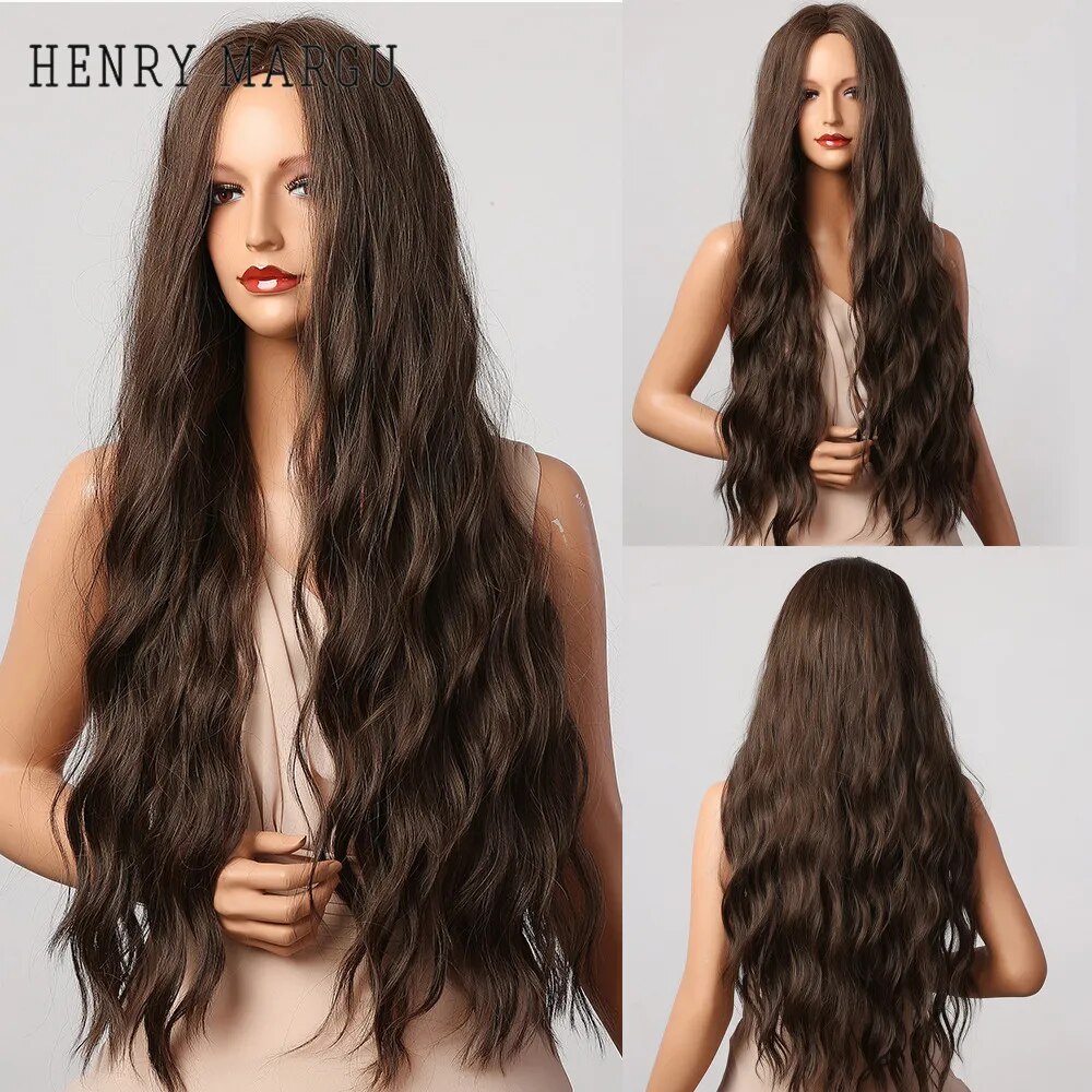 HENRY MARGU Long Brown Wavy Synthetic Wigs Middle Part Natural  Curly Wig for Black Women Cosplay Daily Heat Resistant Fake Hair