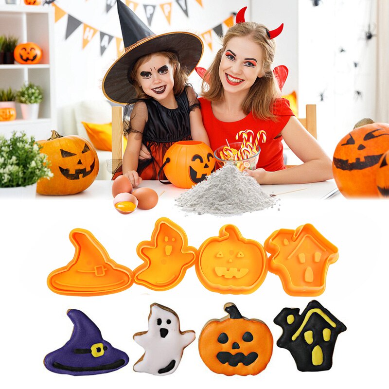 Halloween Pumpkin Ghost Theme Cookie Cutter Plunger Silicone DIY Mold Pumpkin Bat Skull Ghost Shape Kitchen Cake Baking Tools