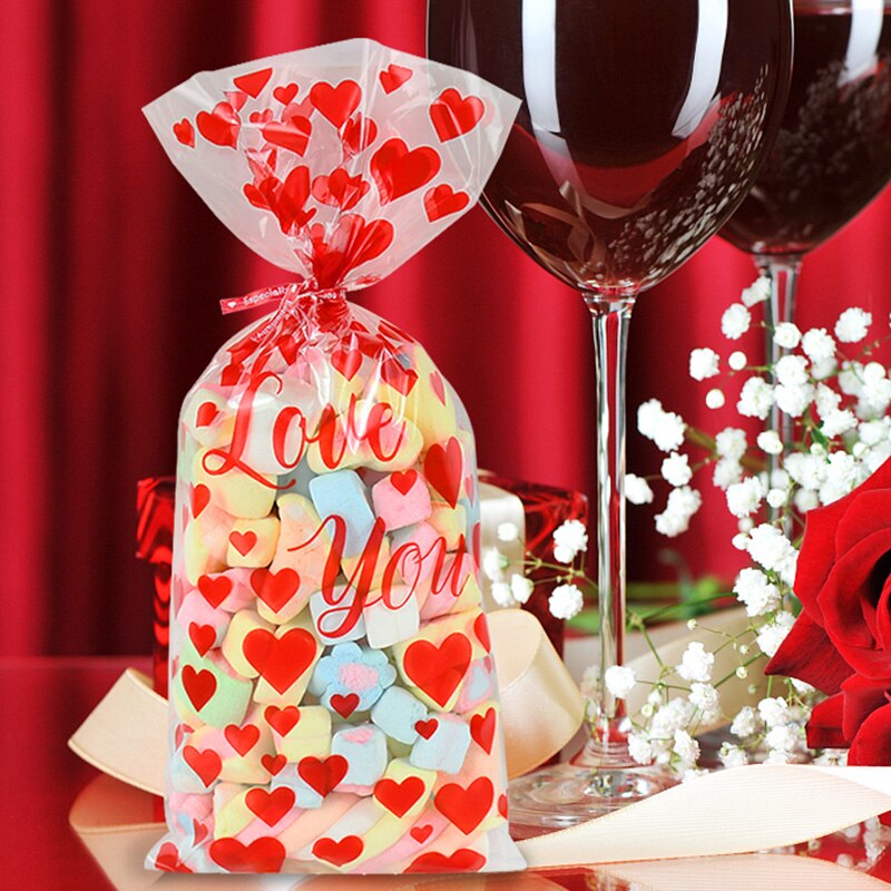 60pcs Valentine's Day Mix Love Red Heart Pattern Candy Bag Love Pattern Baking Packaging Gift Wedding Decor Diy Plastic Pouch