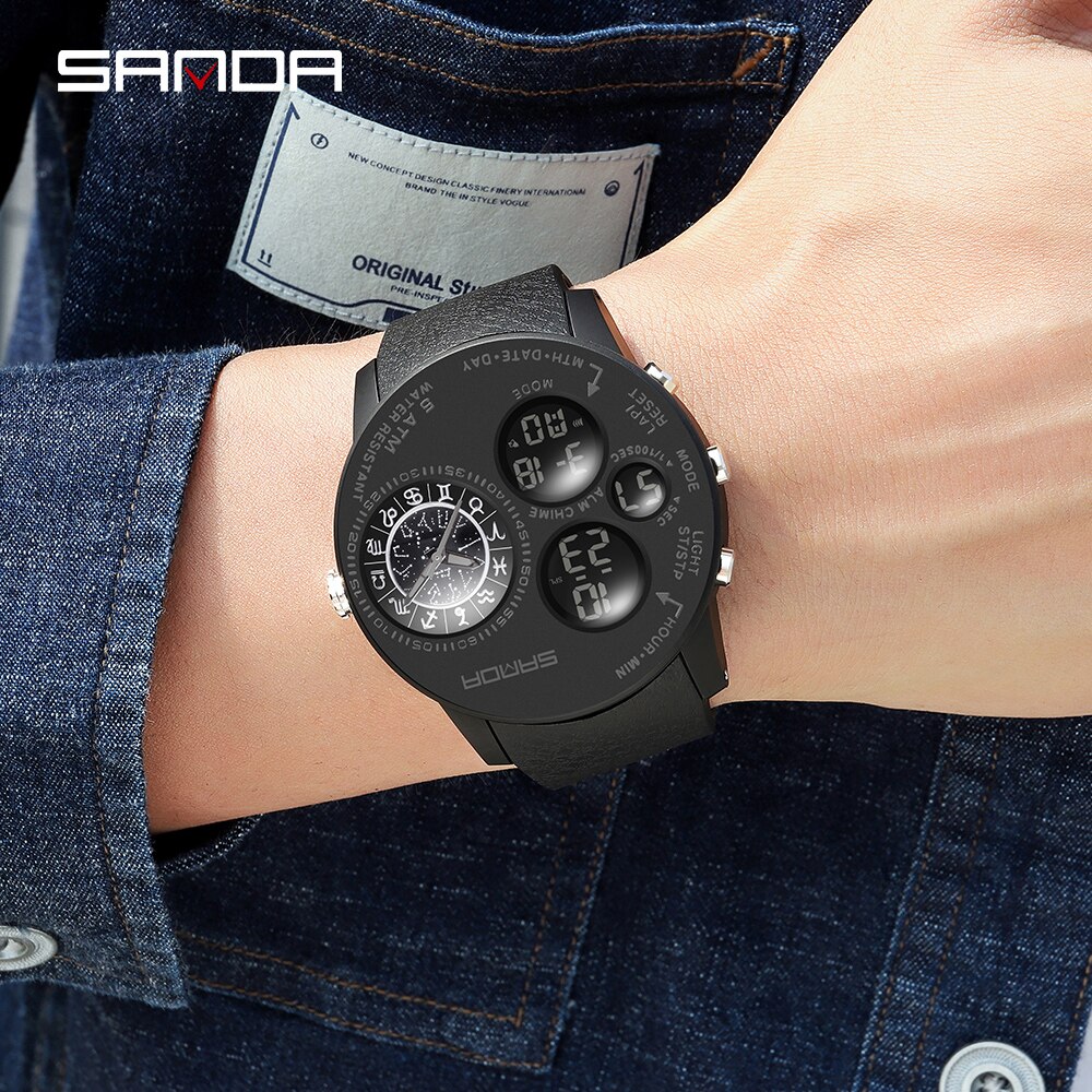 SANDA 2023 Fashion Outdoor Mens Watches Top Brand Military Sports Quartz Watch Dual Display Wristwatch Waterproof Clock 6036