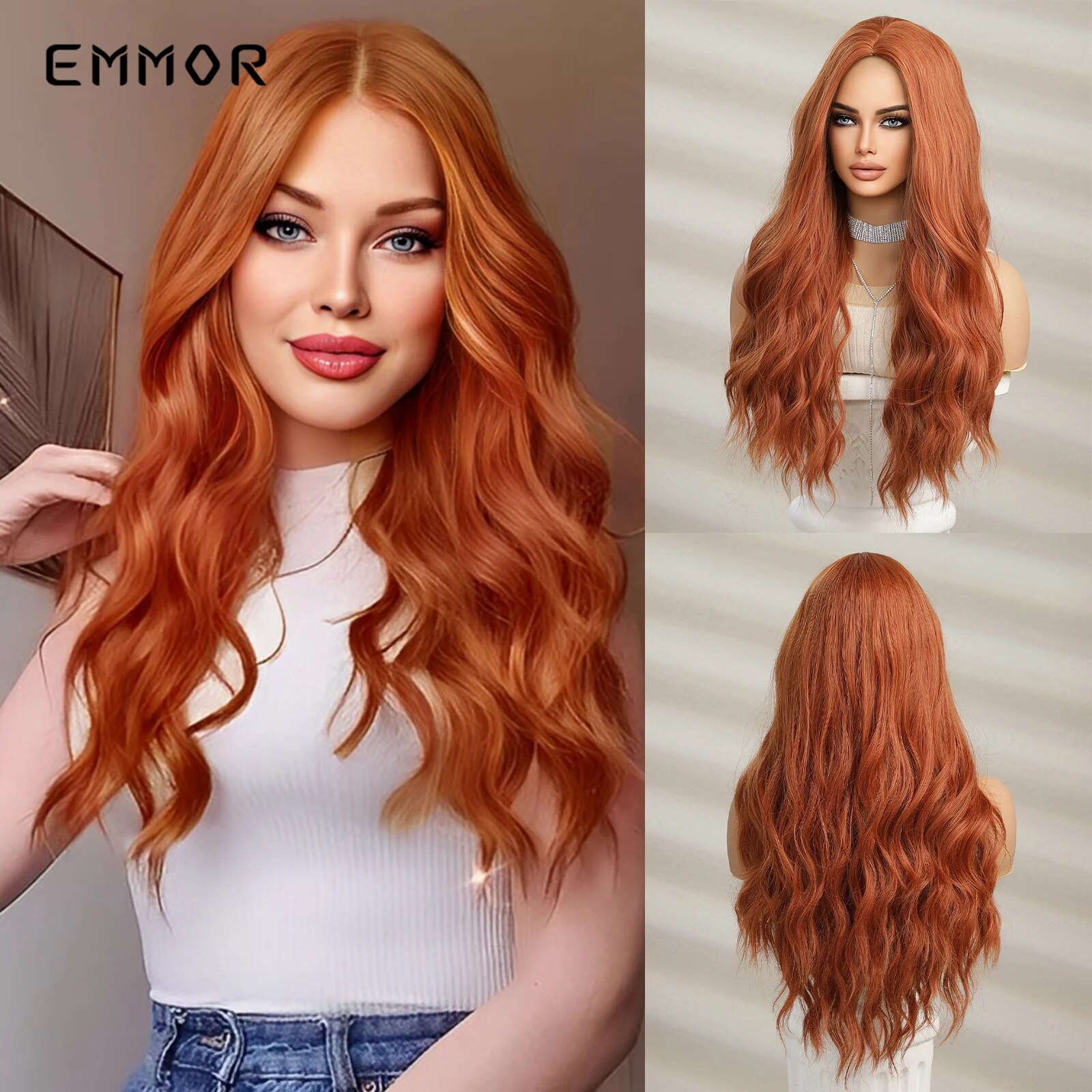 Emmor Orange Yellow Synthetic Hair Wigs Long Wavy Wigs For Women Cosplay Daily Use Party High Temperature Resistance Fiber