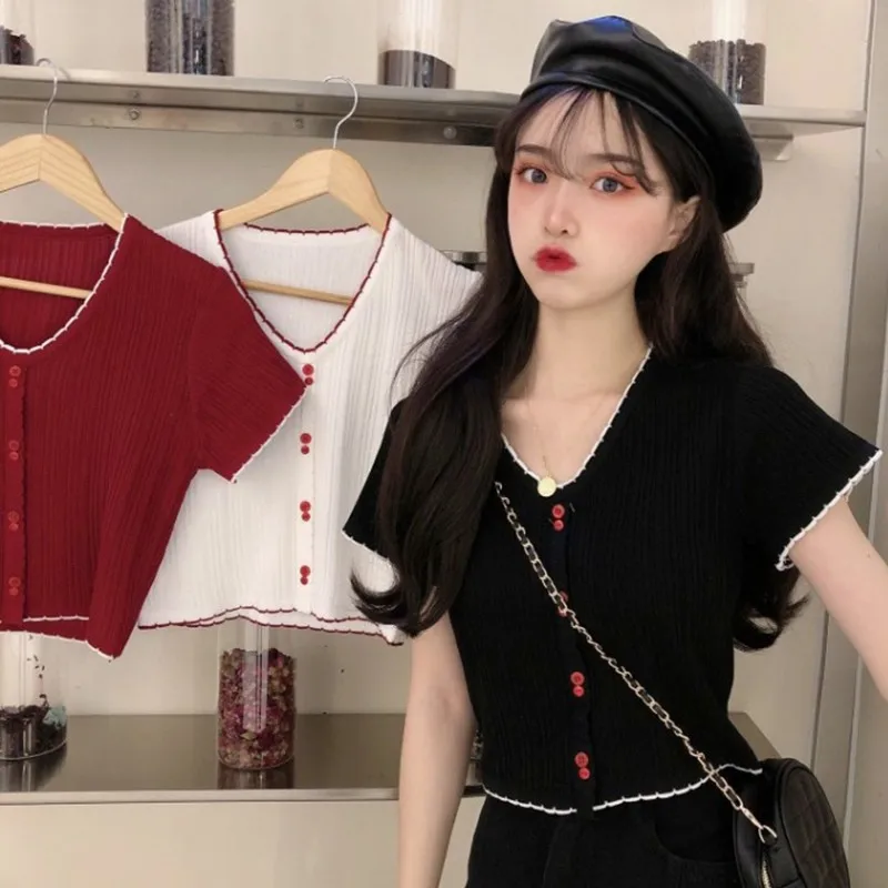 Women's Patchwork Short Sleeve Crop Tops Knitted Casual T-Shirt Woman Sweet Patchwork Short Tops