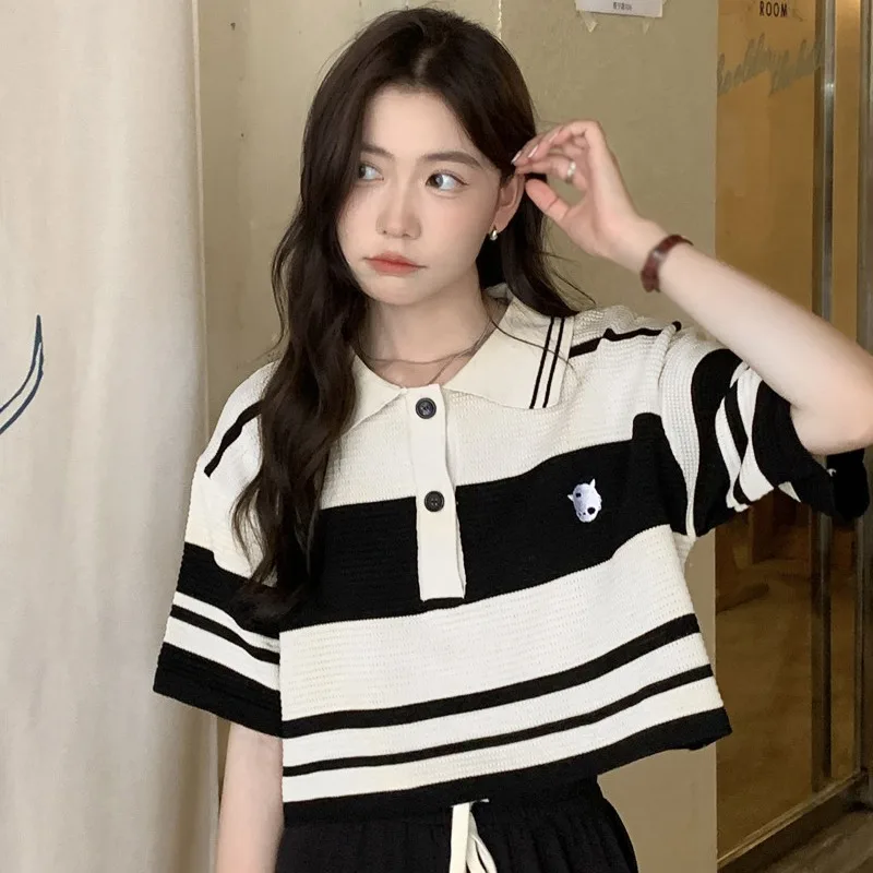 High Waist Ladies Striped Tops Embroidery Short Ice Silk Tees Short Sleeves Fashion Temperament Turn Down Collar T-Shirts